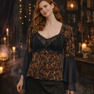 Whimsigoth Sheer Blouse Womens Large Black Paisley Velvet Boho Hippie